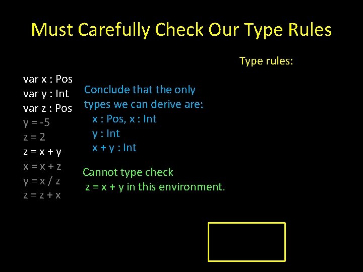Must Carefully Check Our Type Rules Type rules: var x : Pos var y