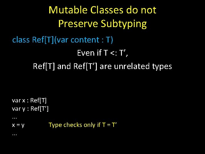 Mutable Classes do not Preserve Subtyping class Ref[T](var content : T) Even if T