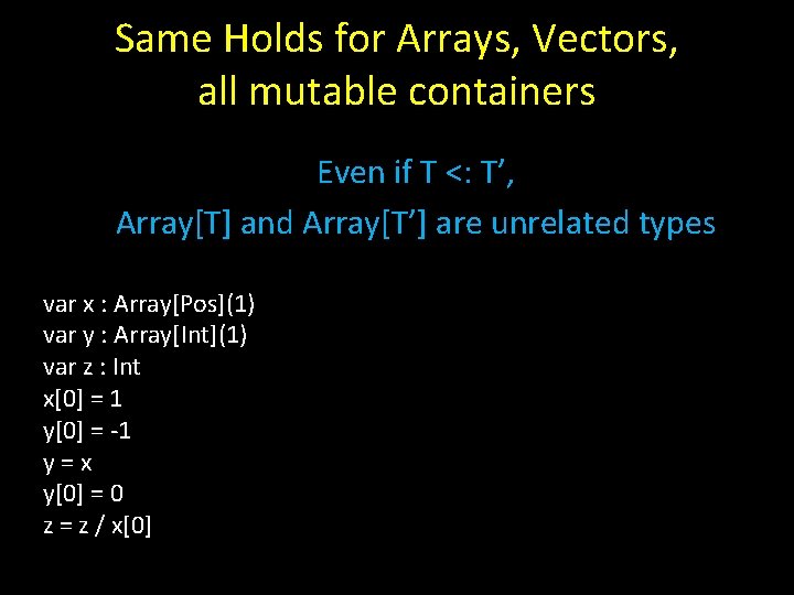 Same Holds for Arrays, Vectors, all mutable containers Even if T <: T’, Array[T]