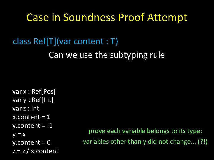 Case in Soundness Proof Attempt class Ref[T](var content : T) Can we use the