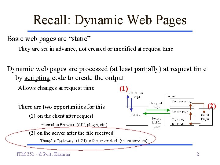 Recall: Dynamic Web Pages Basic web pages are “static” They are set in advance,