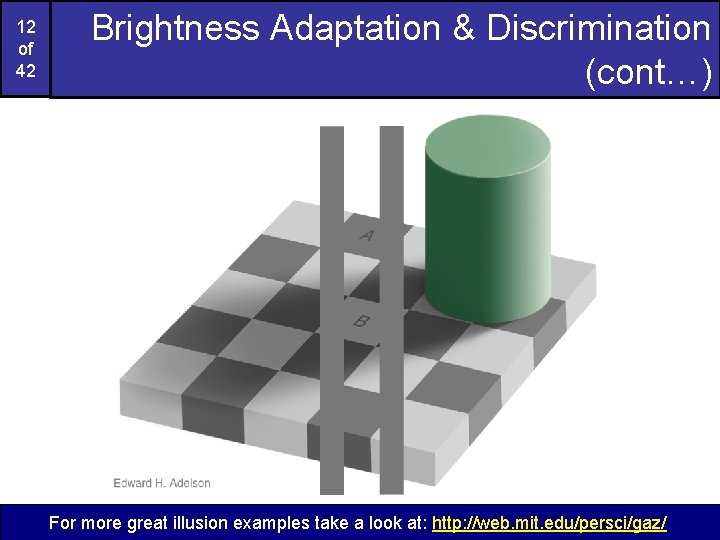 12 of 42 Brightness Adaptation & Discrimination (cont…) For more great illusion examples take