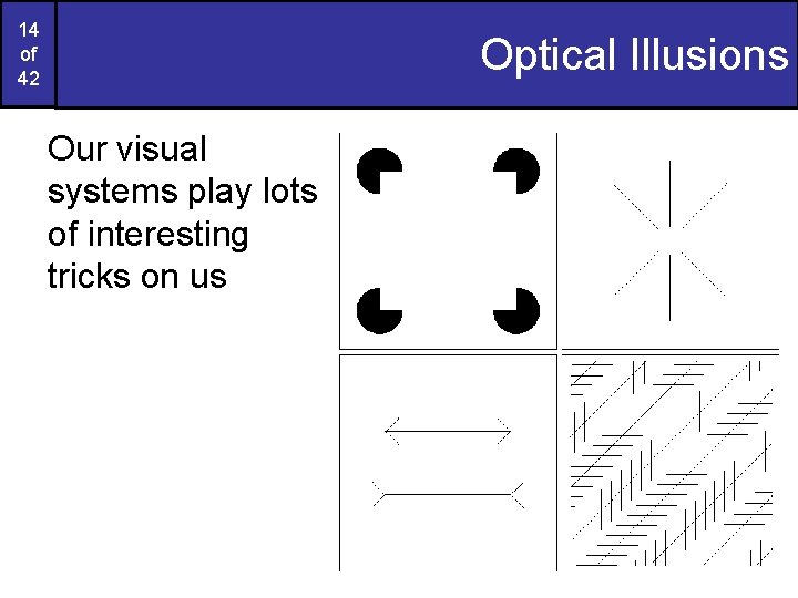 14 of 42 Optical Illusions Our visual systems play lots of interesting tricks on