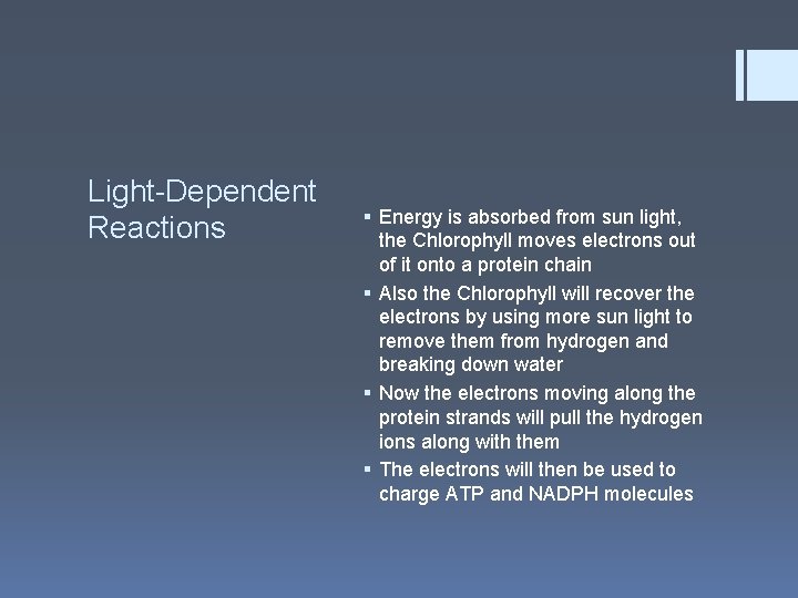 Light-Dependent Reactions § Energy is absorbed from sun light, the Chlorophyll moves electrons out