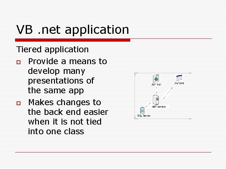 VB. net application Tiered application o Provide a means to develop many presentations of