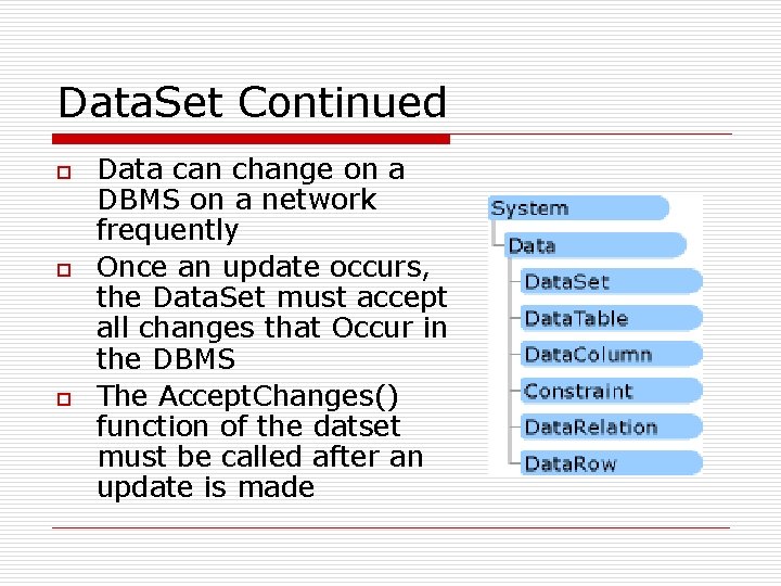 Data. Set Continued o o o Data can change on a DBMS on a