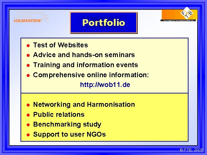 Portfolio l l l l Test of Websites Advice and hands-on seminars Training and