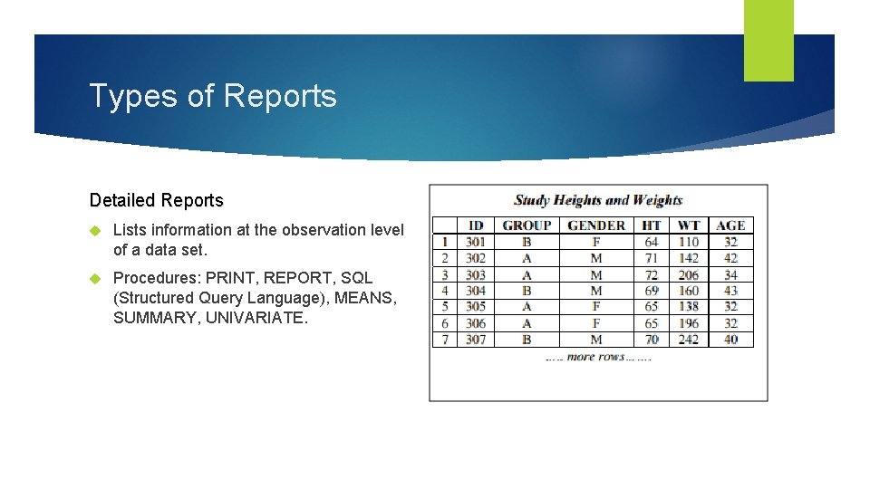 Types of Reports Detailed Reports Lists information at the observation level of a data Types of Reports Detailed Reports Lists information at the observation level of a data