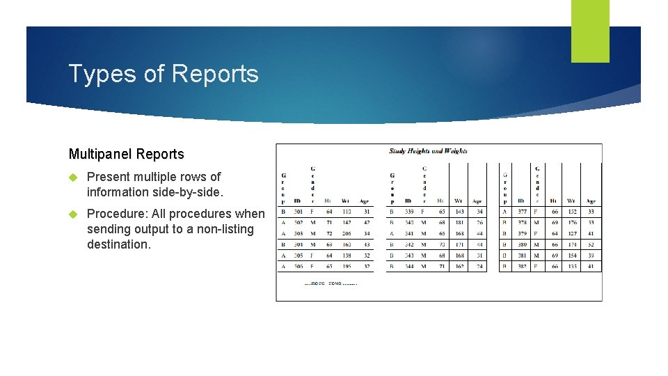 Types of Reports Multipanel Reports Present multiple rows of information side-by-side. Procedure: All procedures Types of Reports Multipanel Reports Present multiple rows of information side-by-side. Procedure: All procedures