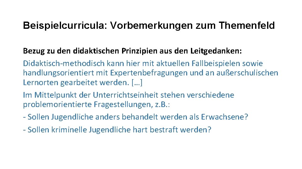 Beispielcurricula: Vorbemerkungen zum Themenfeld Bezug zu den didaktischen Prinzipien aus den Leitgedanken: Didaktisch-methodisch kann