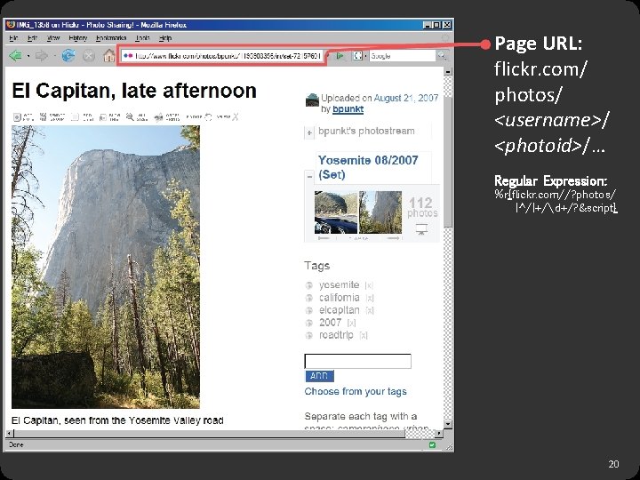 Page URL: flickr. com/ photos/ <username>/ <photoid>/… Regular Expression: %r{flickr. com//? photos/ [^/]+/d+/? &script}