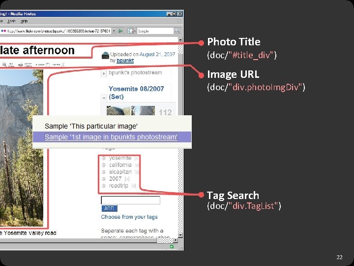 Photo Title (doc/"#title_div") Image URL (doc/"div. photo. Img. Div") Tag Search (doc/"div. Tag. List")