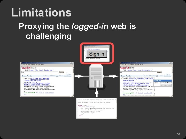 Limitations Proxying the logged-in web is challenging 40 