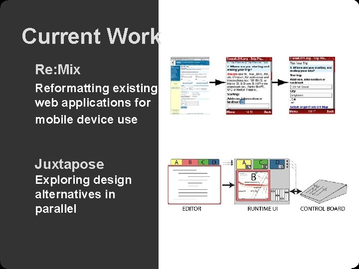 Current Work Re: Mix Reformatting existing web applications for mobile device use Juxtapose Exploring