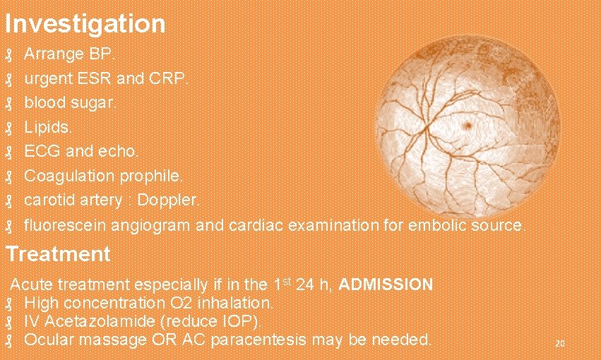 Investigation ₰ ₰ ₰ ₰ Arrange BP. urgent ESR and CRP. blood sugar. Lipids.