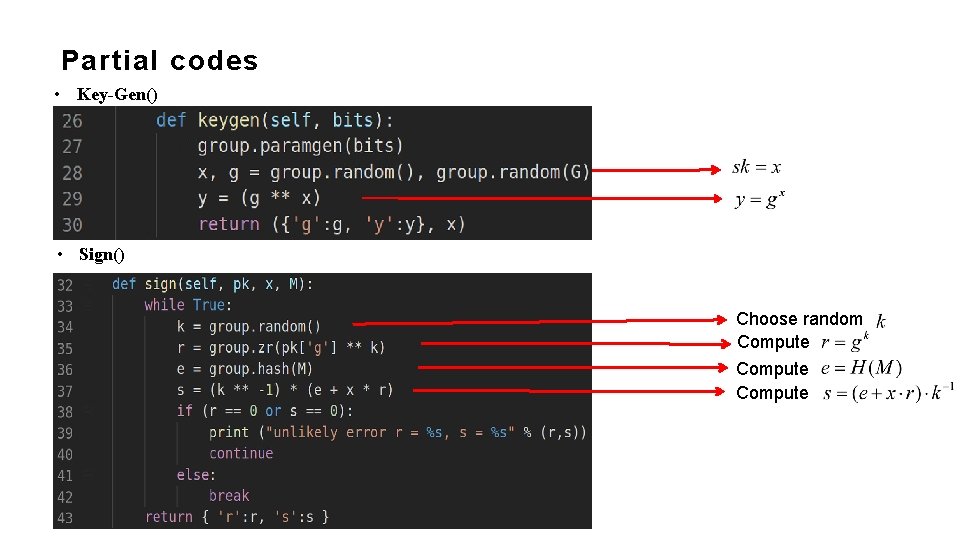 Partial codes • Key-Gen() • Sign() Choose random Compute 