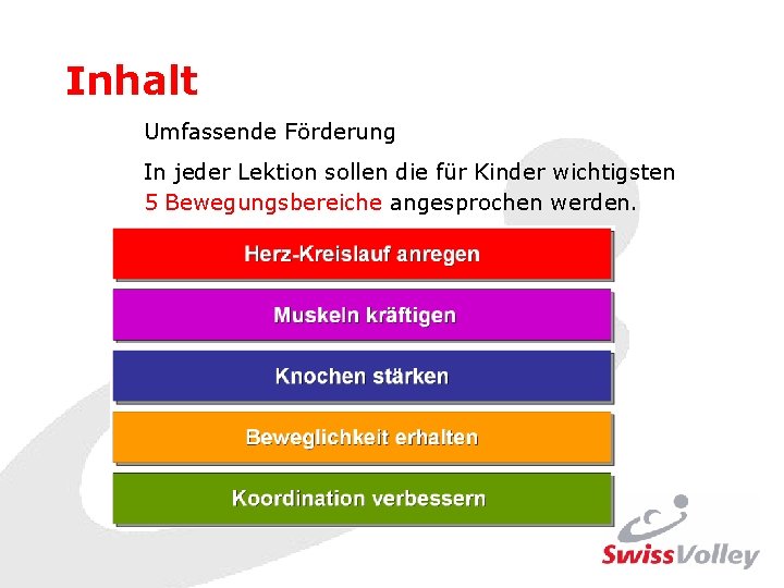 Inhalt Umfassende Förderung In jeder Lektion sollen die für Kinder wichtigsten 5 Bewegungsbereiche angesprochen