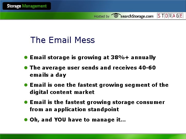 Hosted by The Email Mess l Email storage is growing at 38%+ annually l