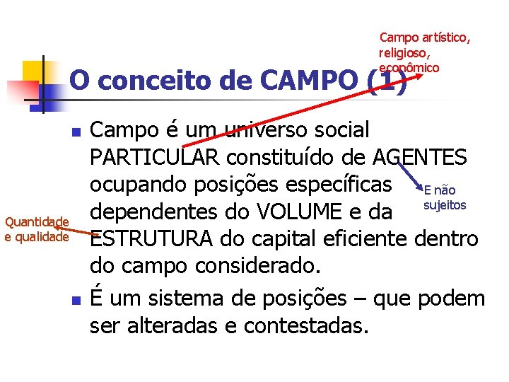 Campo artístico, religioso, econômico O conceito de CAMPO (1) n Quantidade e qualidade n