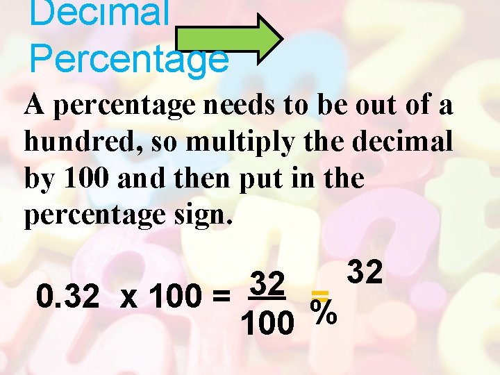 Decimal Percentage A percentage needs to be out of a hundred, so multiply the