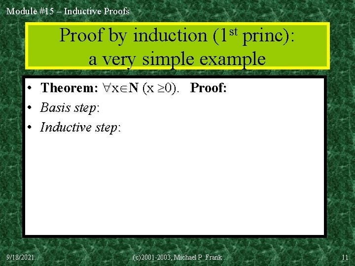 Module #15 – Inductive Proofs Proof by induction (1 st princ): a very simple