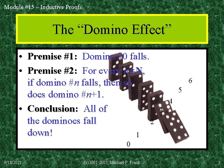 Module #15 – Inductive Proofs The “Domino Effect” • Premise #1: Domino #0 falls.