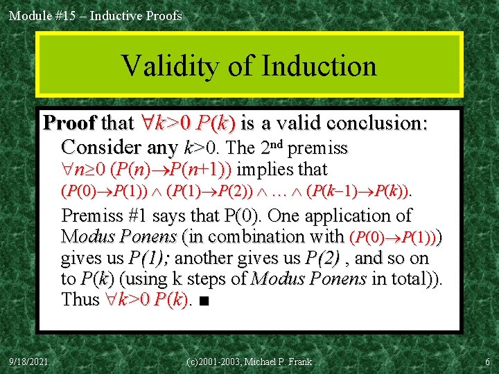 Module #15 – Inductive Proofs Validity of Induction Proof that k>0 P(k) is a