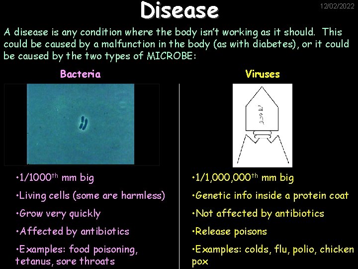 Disease 12/02/2022 A disease is any condition where the body isn’t working as it