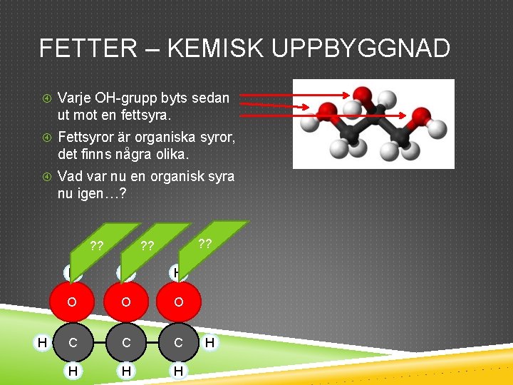 FETTER – KEMISK UPPBYGGNAD Varje OH-grupp byts sedan ut mot en fettsyra. Fettsyror är