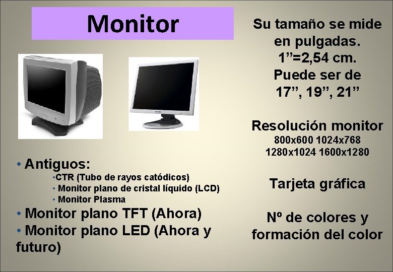 Monitor Su tamaño se mide en pulgadas. 1”=2, 54 cm. Puede ser de 17”,