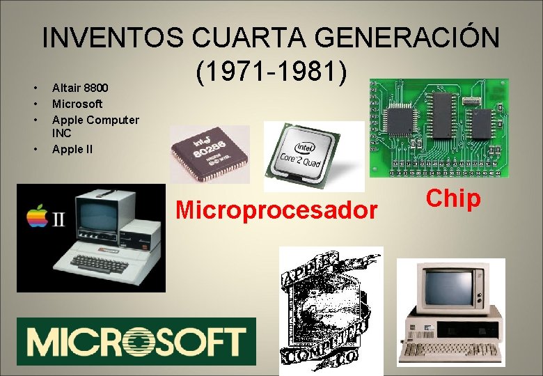 INVENTOS CUARTA GENERACIÓN (1971 -1981) • • Altair 8800 Microsoft Apple Computer INC Apple