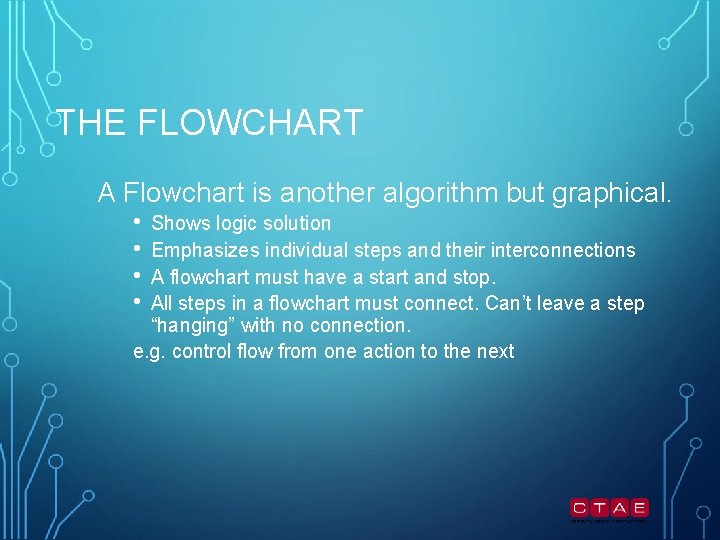 THE FLOWCHART A Flowchart is another algorithm but graphical. • • Shows logic solution THE FLOWCHART A Flowchart is another algorithm but graphical. • • Shows logic solution