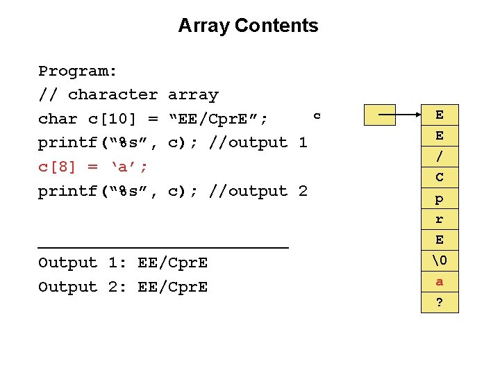 Array Contents Program: // character char c[10] = printf(“%s”, c[8] = ‘a’; printf(“%s”, array
