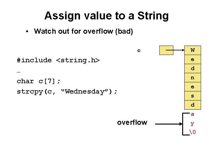 Assign value to a String • Watch out for overflow (bad) c #include <string.