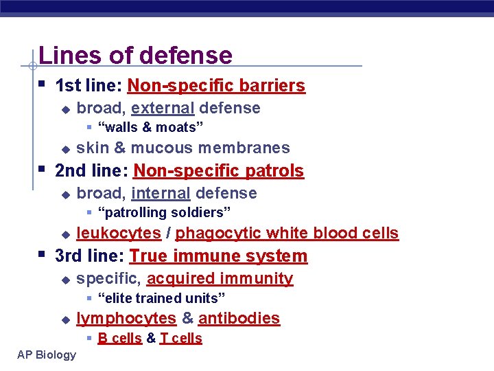 Lines of defense § 1 st line: Non-specific barriers u broad, external defense §