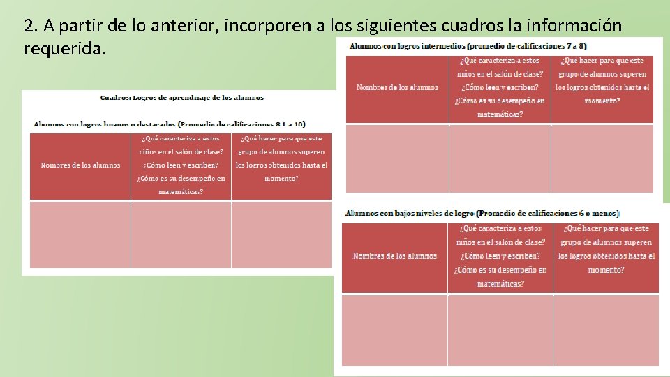 2. A partir de lo anterior, incorporen a los siguientes cuadros la información requerida.