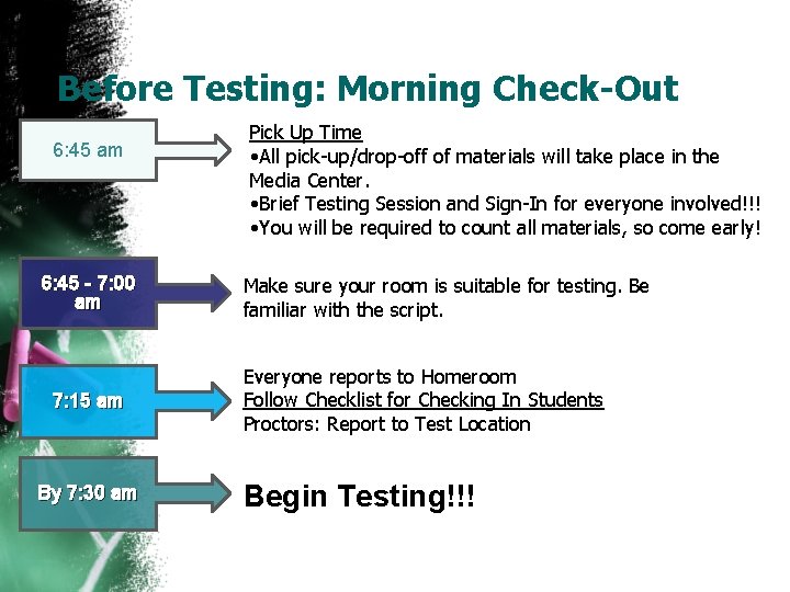 Before Testing: Morning Check-Out 6: 45 am 6: 45 - 7: 00 am 7: