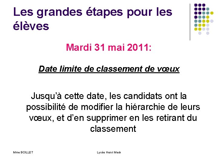 Les grandes étapes pour les élèves Mardi 31 mai 2011: Date limite de classement