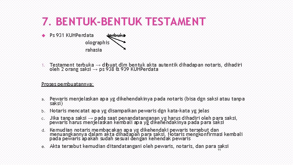 7. BENTUK-BENTUK TESTAMENT Ps 931 KUHPerdata terbuka olographis rahasia 1. Testament terbuka → dibuat