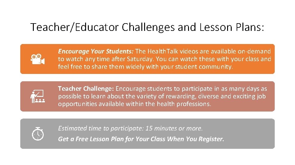 Teacher/Educator Challenges and Lesson Plans: Encourage Your Students: The Health. Talk videos are available