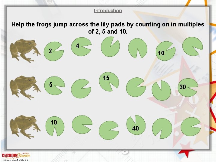 Introduction Help the frogs jump across the lily pads by counting on in multiples