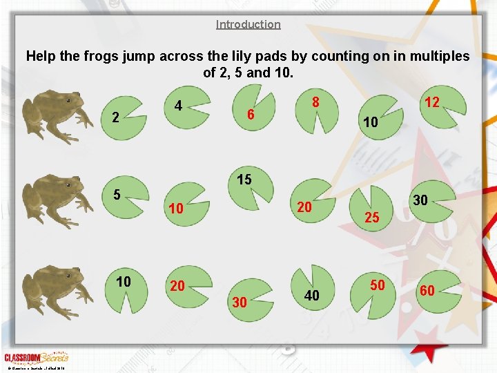 Introduction Help the frogs jump across the lily pads by counting on in multiples