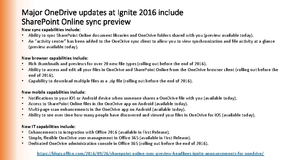 Major One. Drive updates at Ignite 2016 include Share. Point Online sync preview New