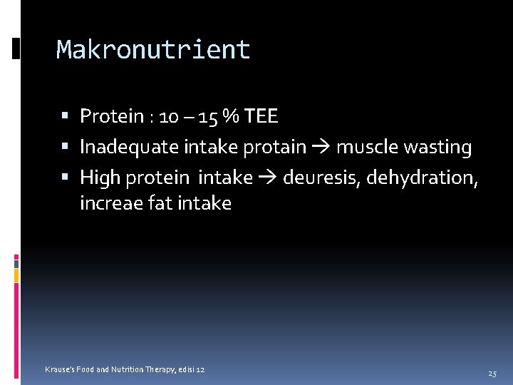 Makronutrient Protein : 10 – 15 % TEE Inadequate intake protain muscle wasting High