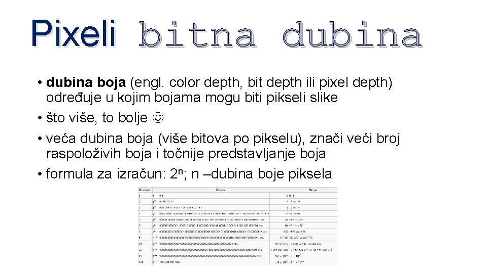 Pixeli bitna dubina • dubina boja (engl. color depth, bit depth ili pixel depth)