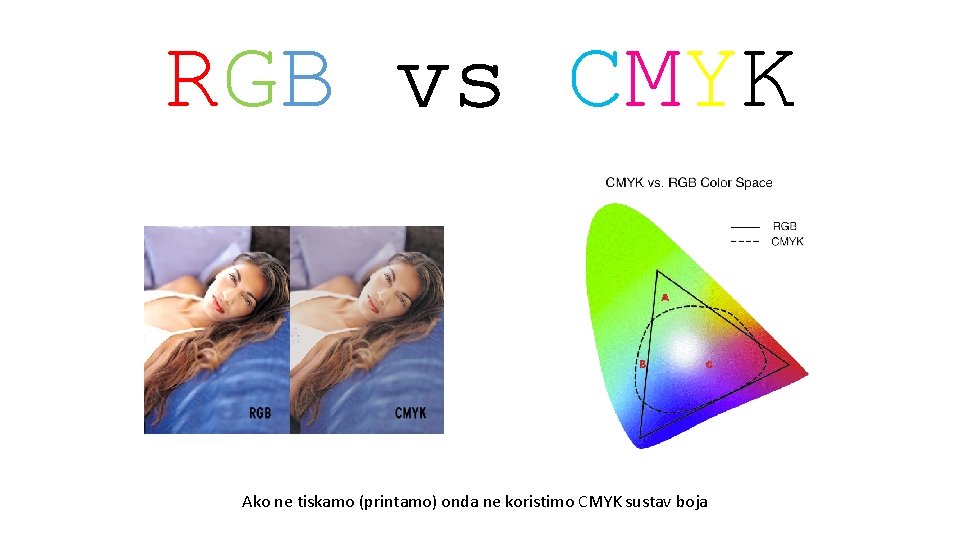 RGB vs CMYK Ako ne tiskamo (printamo) onda ne koristimo CMYK sustav boja 