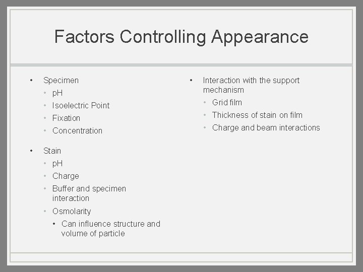 Factors Controlling Appearance • • Specimen • • p. H Interaction with the support