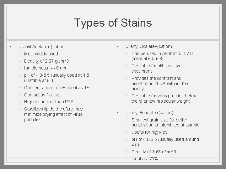 Types of Stains • Uranyl Acetate+ (cation) • • Can be used in p.