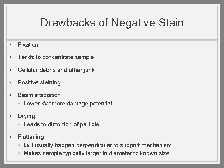 Drawbacks of Negative Stain • Fixation • Tends to concentrate sample • Cellular debris