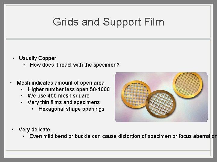 Grids and Support Film • Usually Copper • How does it react with the